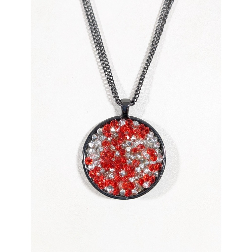 Gunmetal Necklace‎ Red Clear Crystal Cluster Round Pendant Statement 20" Multi